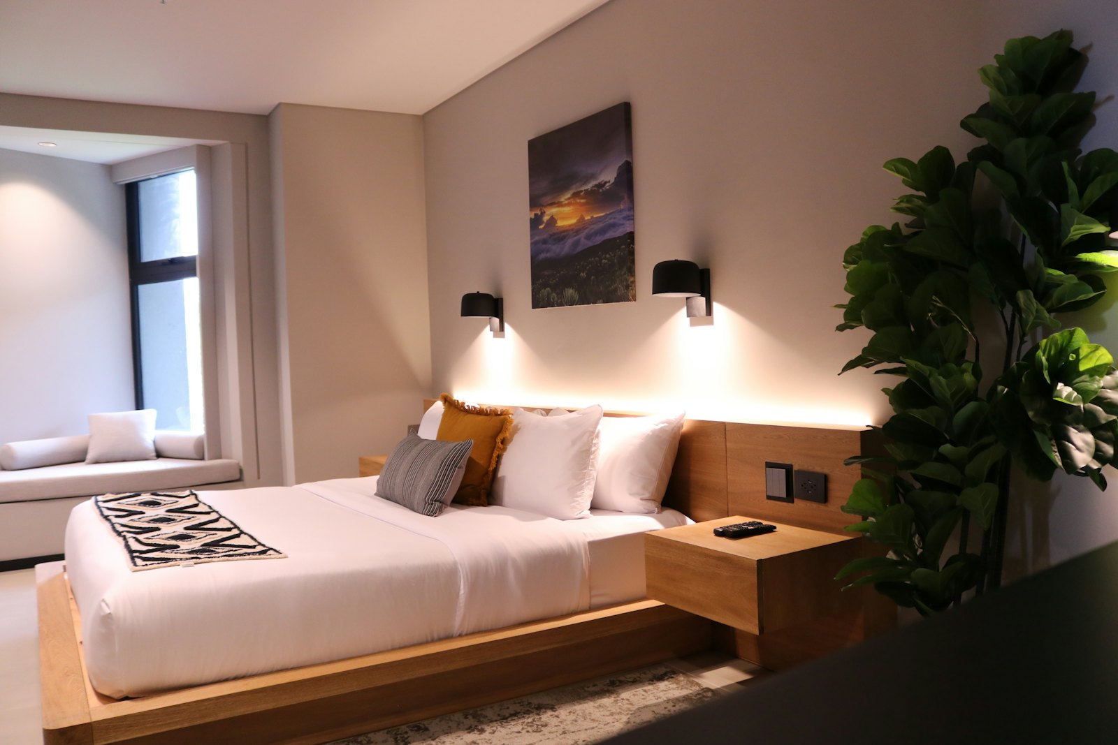 Bedroom with warm lighting