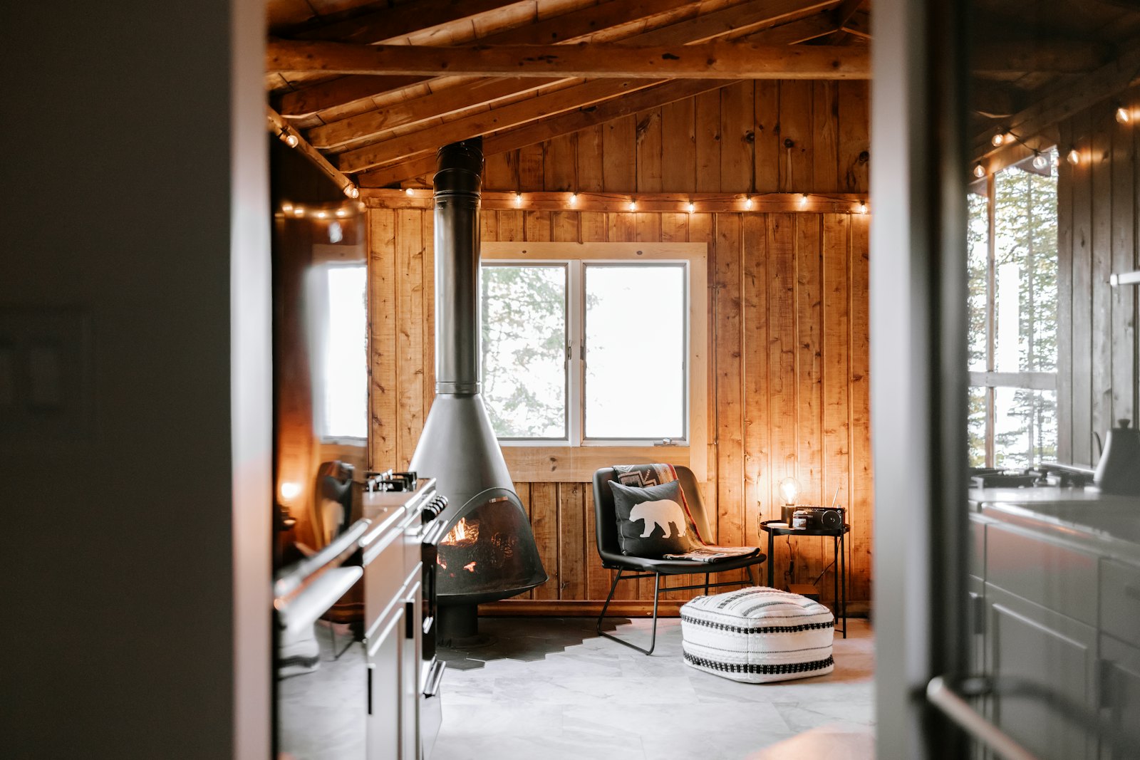 Wood-paneled ADU living room with fireplace