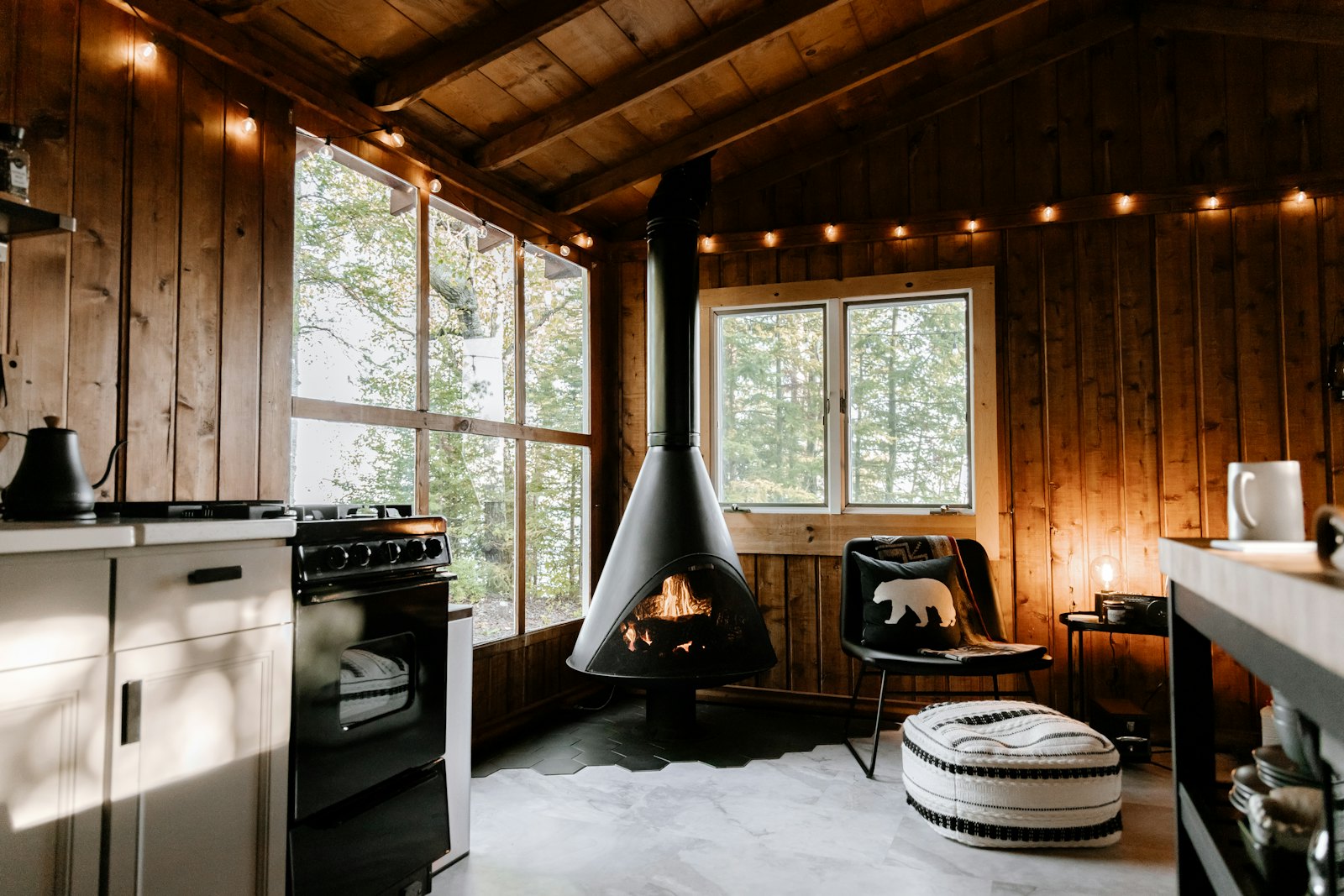 Cabin living room with hanging fireplace