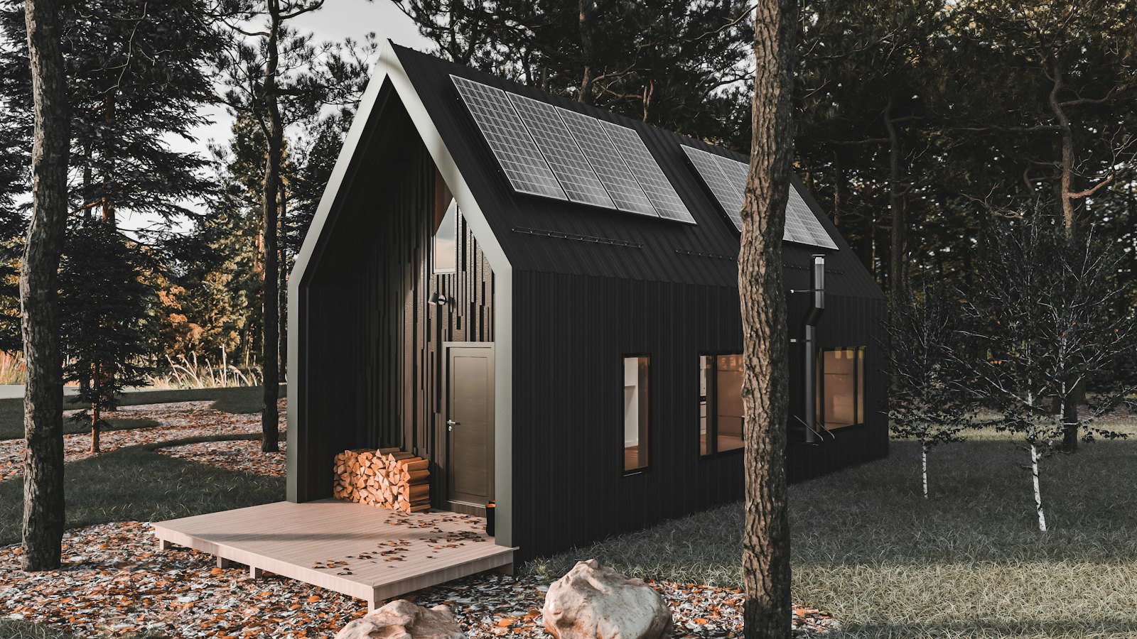 Black backyard cottage among trees