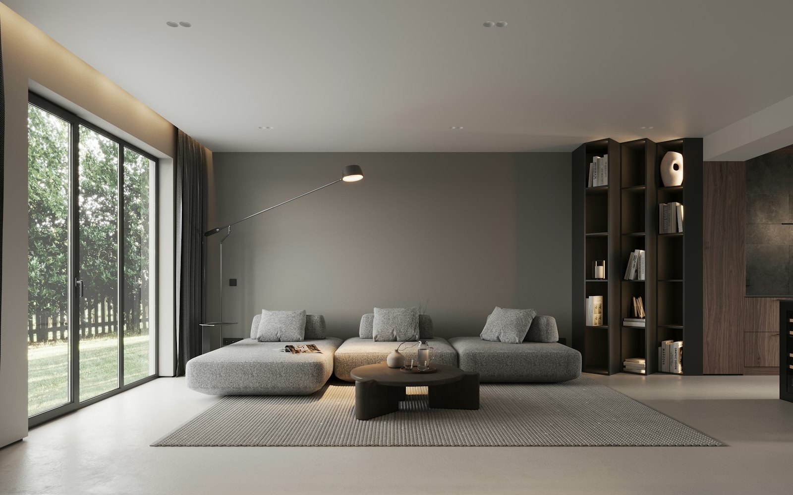 Minimal living room with large windows