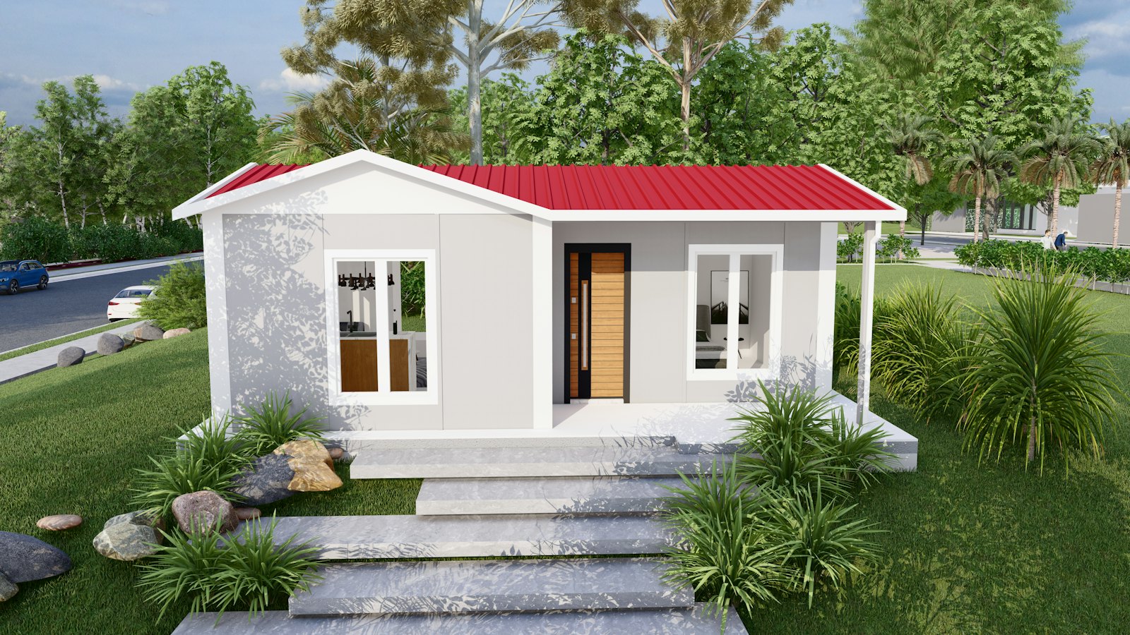 Small prefabricated house with a red roof